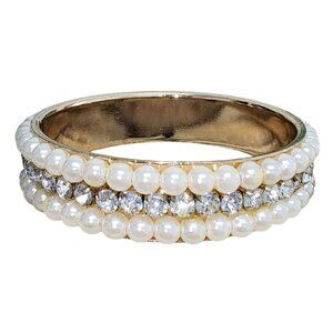 Women's Gold Tone Faux Pearl Rhinestone Bangle Bracelet Fashion Jewelry Bling